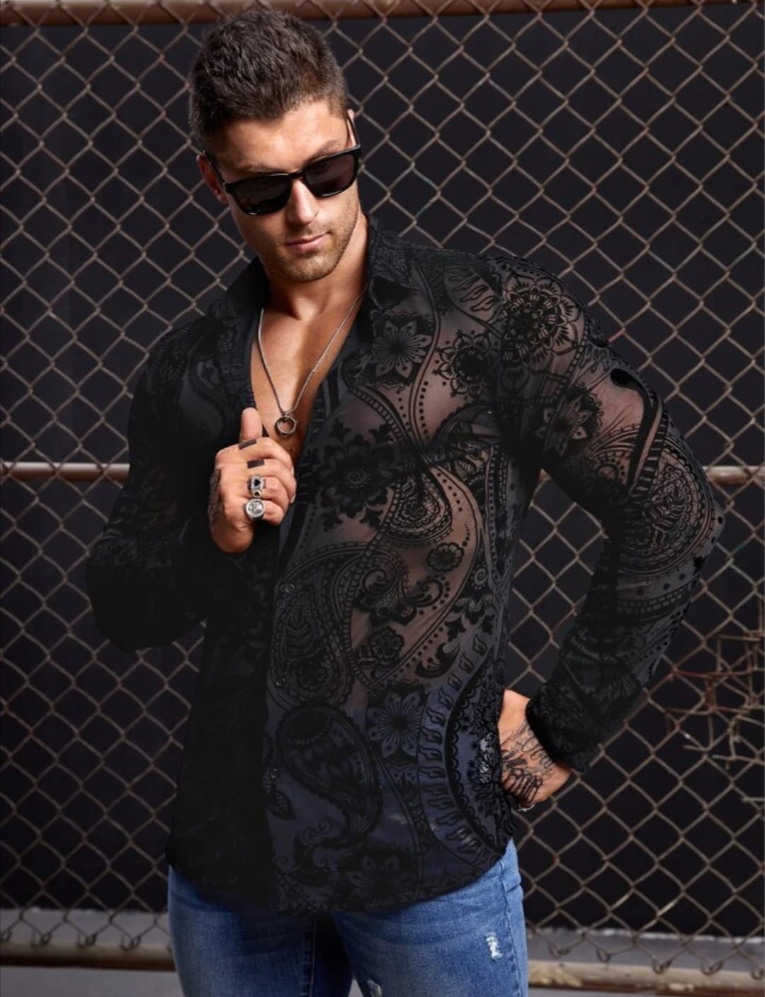 Men's Black Sheer Floral Printed Slim Fit Shirt